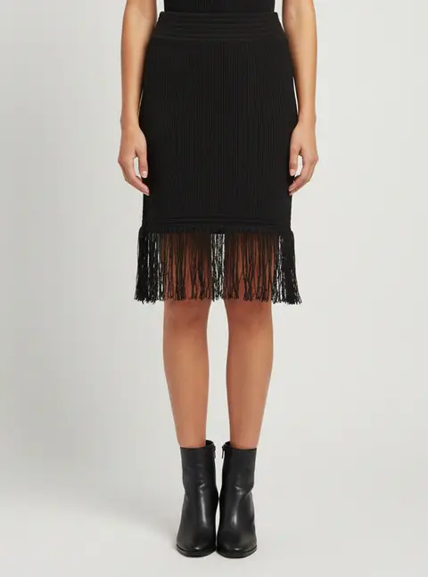 Balmain Black Rib Knit Fringed High-Waist Mini Skirt S