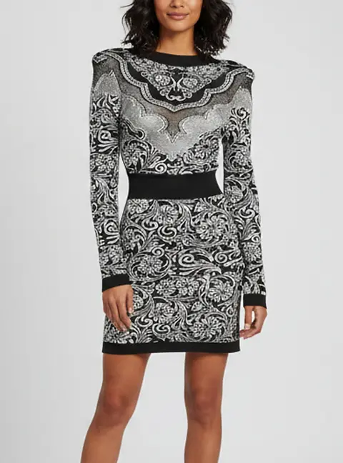 Balmain Black/White Printed Knit V- Neck Short Dress S