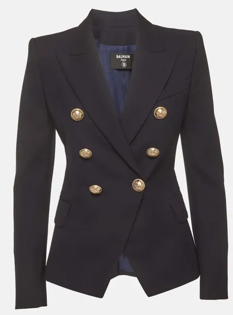 Balmain Navy Blue Gabardine Wool Blend Double Breasted Blazer S