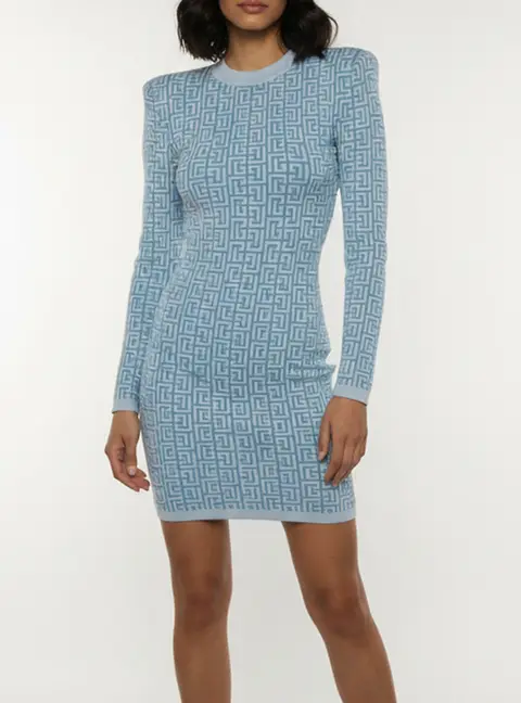 Balmain Blue Monogram Jacquard Knit Mini Dress S
