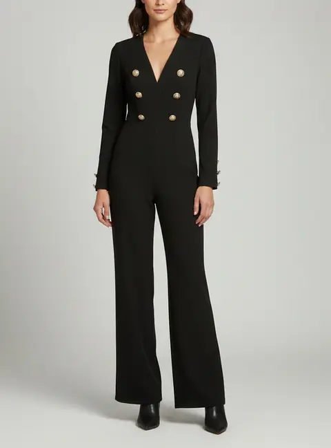Balmain Black Wool Double-Breasted Flared Jumpsuit S