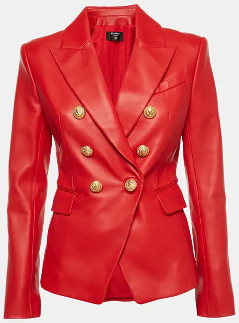 Balmain Red Leather Double Breasted Blazer M