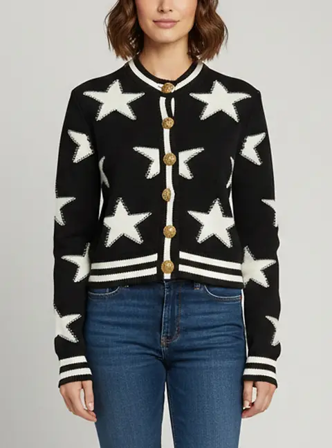 Balmain Black Star Print Knit Long Sleeve Cardigan S