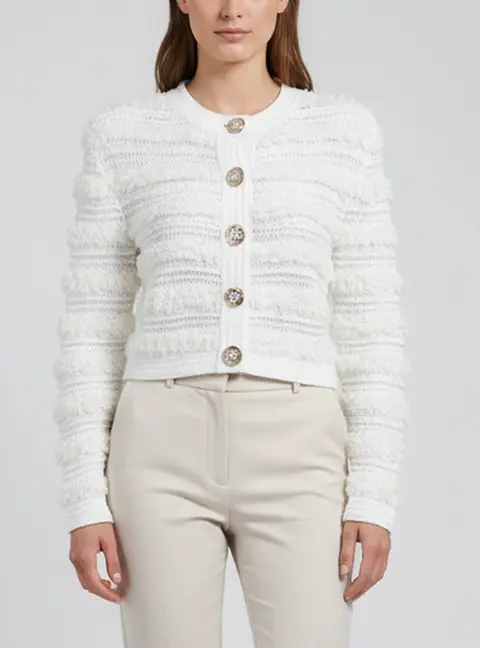 Balmain White Sequin Embellished Knit Button Up Cardigan S