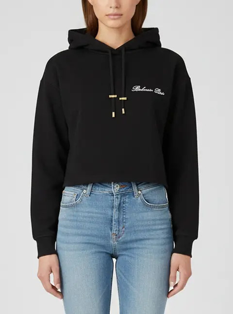 Balmain Black Jersey Cropped Hoodie XS