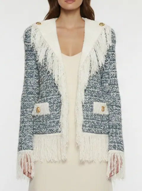 Balmain Blue Crystal Embellished Tweed Knit Fringed Jacket S