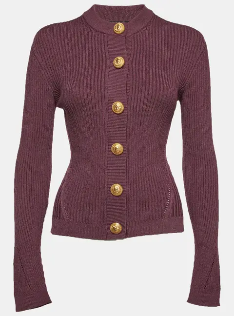 Balmain Purple Rib Knit Button Up Cardigan S