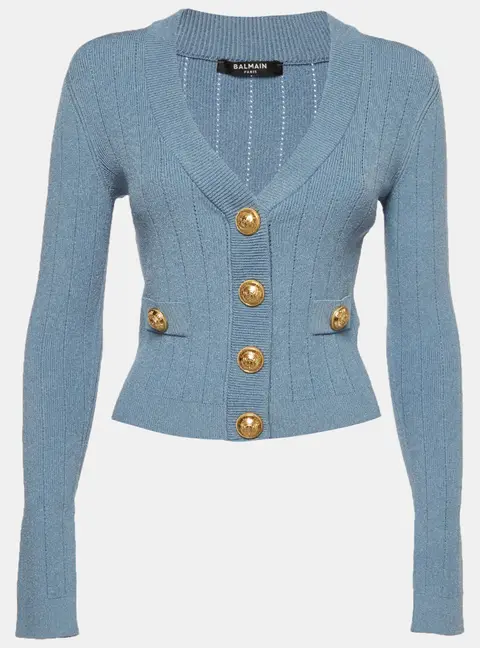 Balmain Blue Ribbed Pointelle Knit Cropped Cardigan S