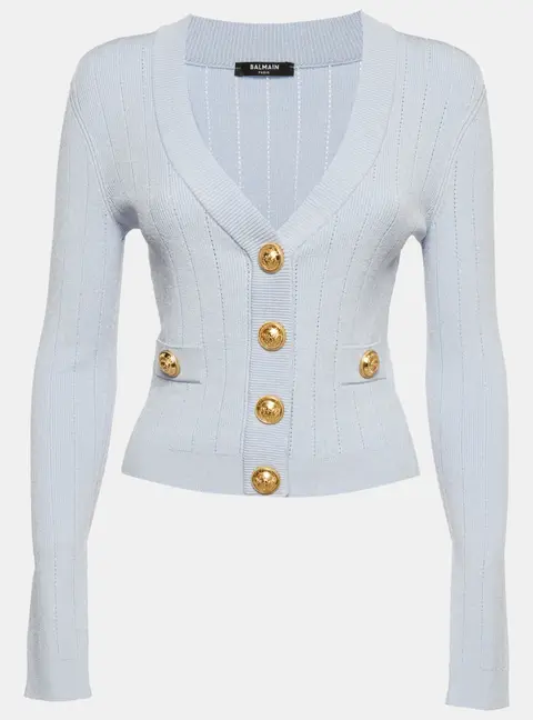 Balmain Blue Ribbed Pointelle Knit Cropped Cardigan S