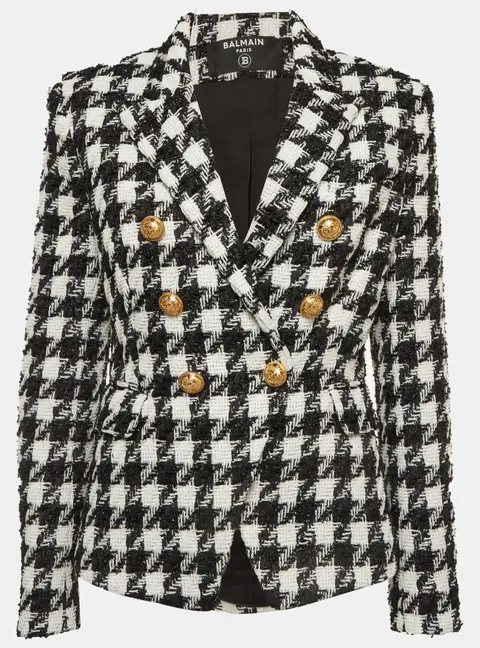 Balmain Monochrome Houndstooth Tweed Double Breasted Blazer M