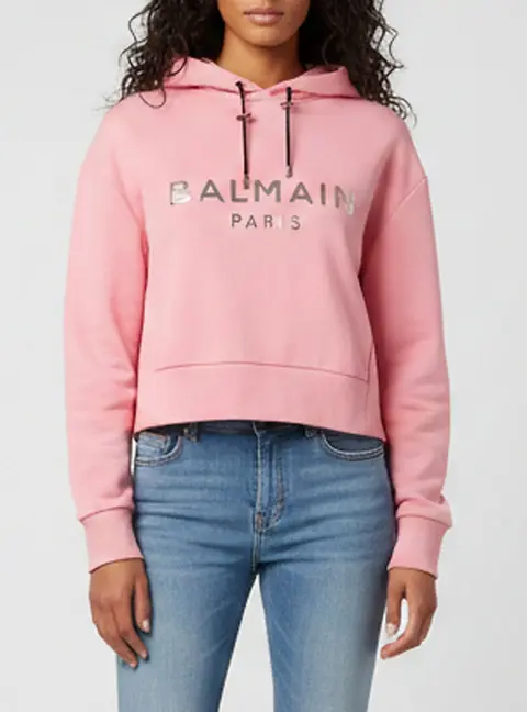 Balmain Pink Logo Embossed Jersey Cropped Sweatshirt XS