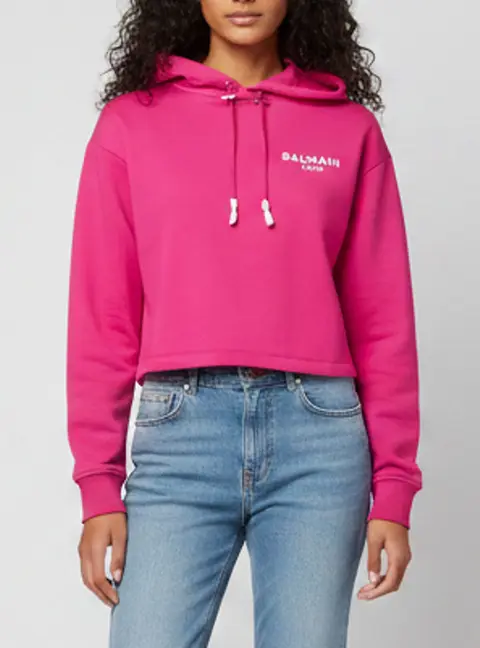 Balmain Pink Logo Print Jersey Cropped Hoodie XS