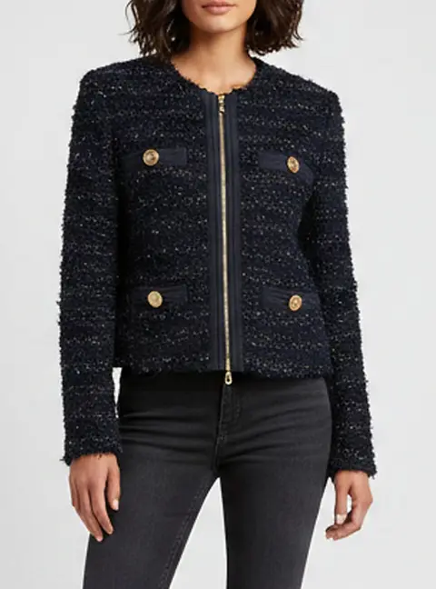 Balmain Navy Blue Textured Boucle Tweed Zip-Up Jacket S