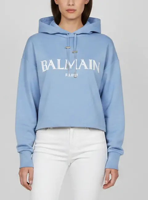 Balmain Blue Logo Detail Jersey Cropped Hoodie XS