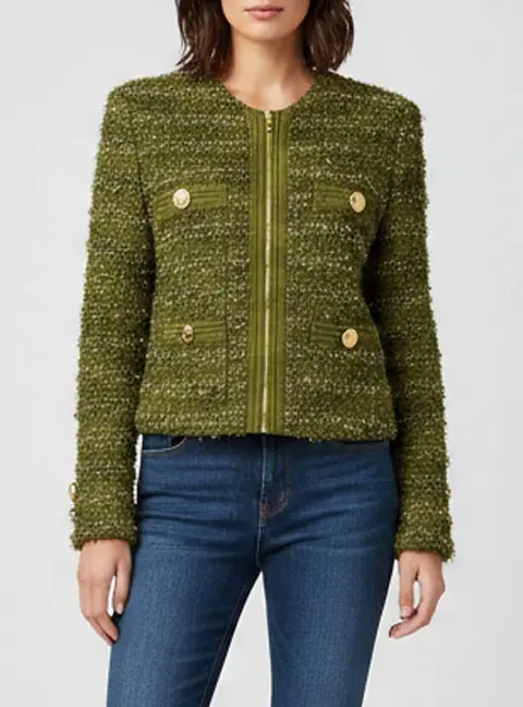 Balmain Olive Green Textured Boucle Tweed Zip-Up Jacket S