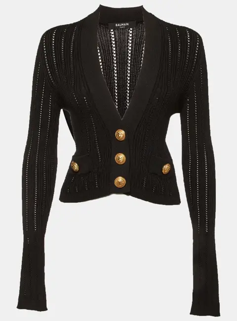 Balmain Black Pointelle Rib Knit V-Neck Cropped Cardigan S