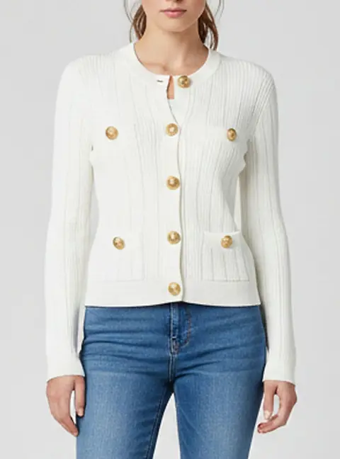 Balmain White Button Embellished Pointelle Rib Knit Cardigan S