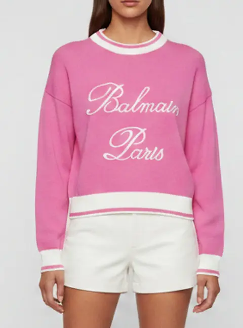 Balmain Pink Logo Embroidered Knit Pullover Sweater S