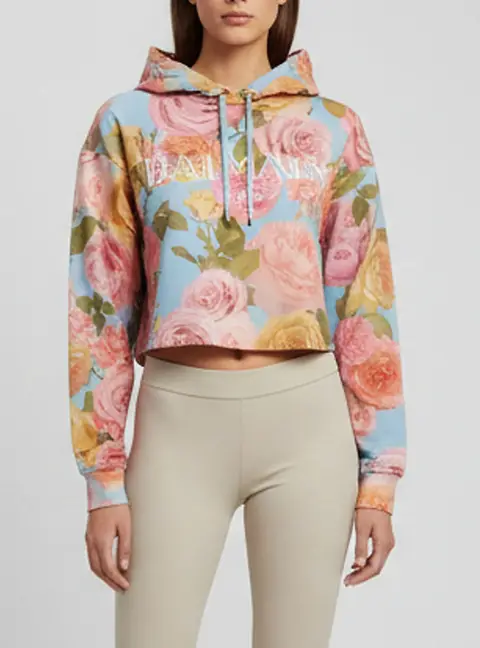Balmain Multicolor Floral Print Jersey Cropped Hoodie XS