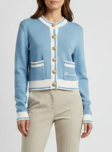Balmain Light Blue/White Logo Embroidered Knit Cardigan S