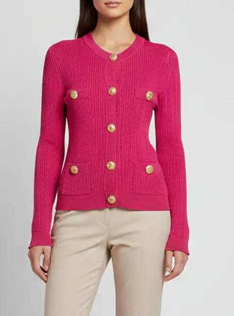 Balmain Pink Button Embellished Pointelle Rib Knit Cardigan S