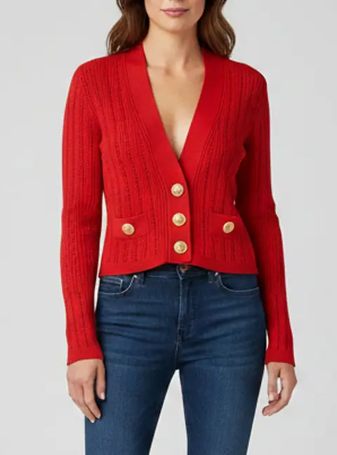 Balmain Red Pointelle Rib Knit V-Neck Cropped Cardigan S