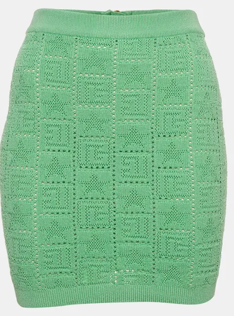 Balmain Green Monogram Pointelle Knit Zip-Up Mini Skirt S