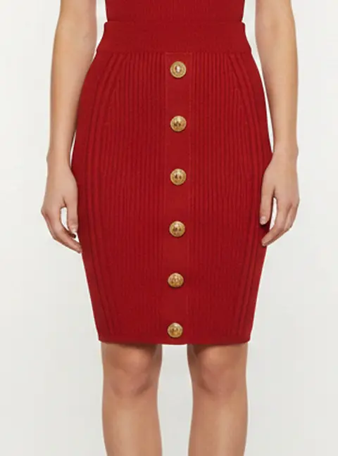 Balmain Red Rib Knit Embellished Short Skirt S
