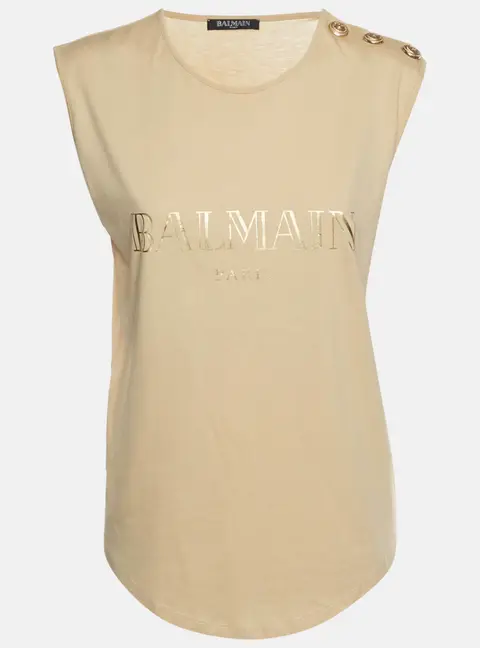 Balmain Beige Printed Cotton Sleeveless Top M