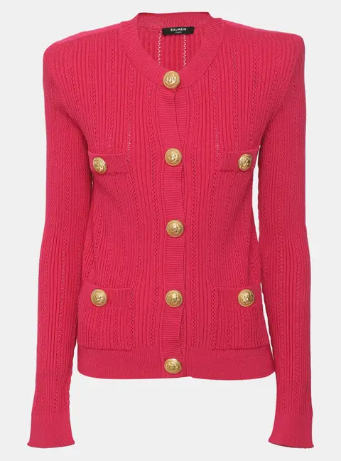 Balmain Pink Rib Knit String Shoulder Cardigan S