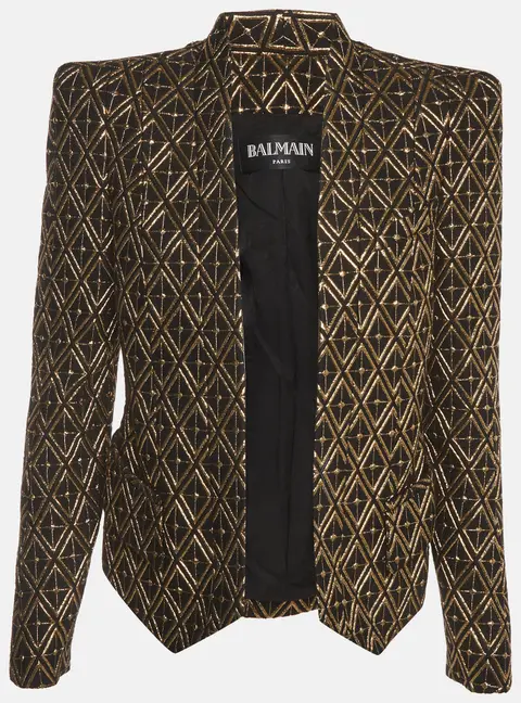 Balmain Black & Gold Metallic Geometric Diamond Jacquard Open Front Blazer M