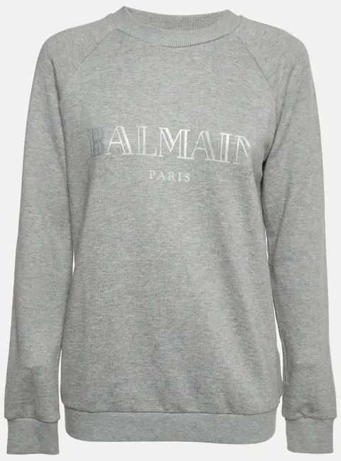 Balmain Grey Logo Print Cotton Jersey Crewneck Sweatshirt M
