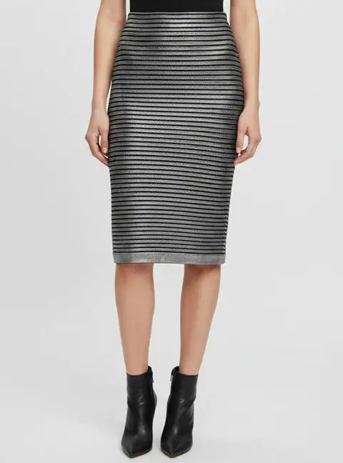 Balmain Metallic Black/Silver Striped Rib Knit Skirt M