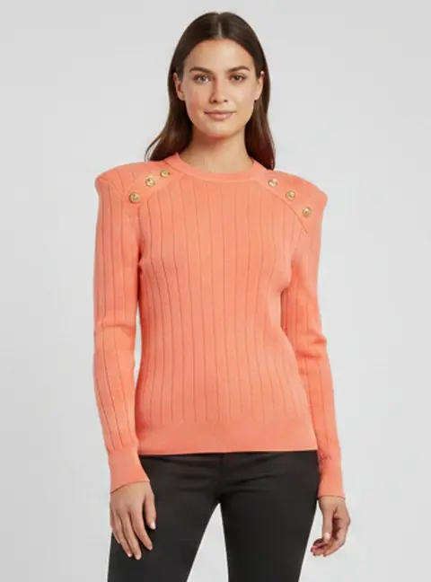 Balmain Pink Button Embellished Rib Knit Pullover Sweater L