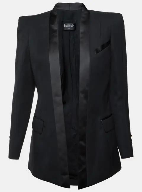 Balmain Black Wool Satin Trim Open Front Structured Blazer M