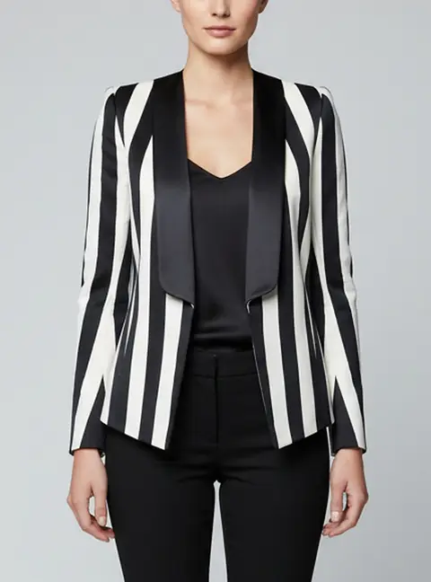 Balmain Monochrome Striped Satin Trim Open Front Blazer S