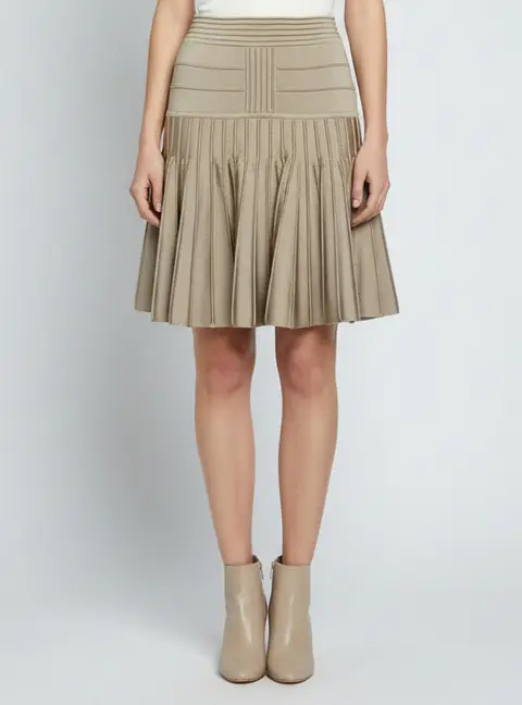 Balmain Beige Paneled Stretch Knit Pleated Mini Skirt M