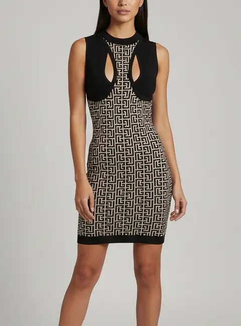 Balmain Beige/Black Monogram Jacquard Knit Cutout Mini Dress S
