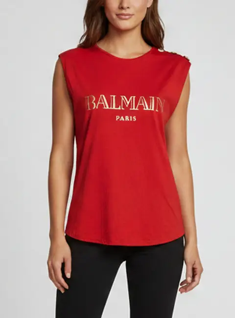 Balmain Red Logo Printed Cotton Sleeveless T-Shirt M