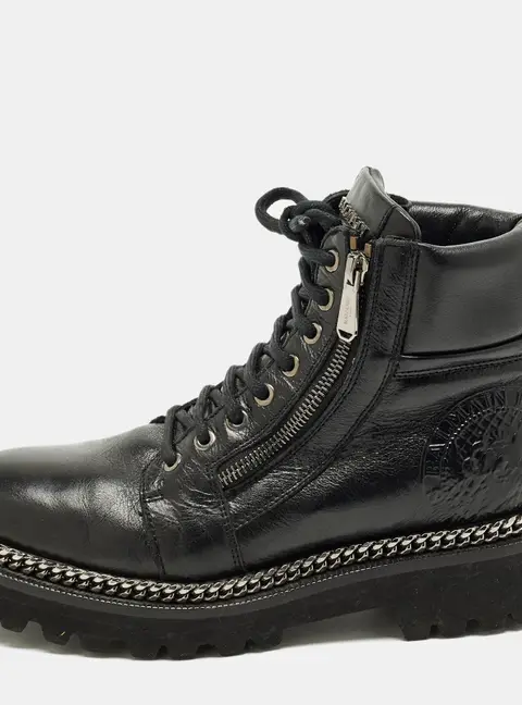Balmain Size 38.5 Black Leather Chain Detail Combat Boots