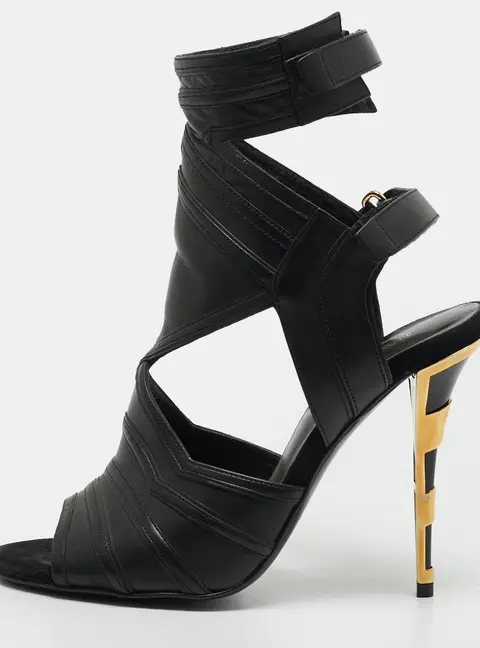 Balmain Size 37 Black Leather Ankle Strap Sandals