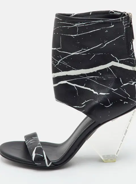 Balmain Size 36.5 Black Carrara Marble Print Leather Open Toe Ankle Cuff Sandals