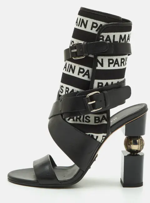 Balmain Size 37 Black Leather and Fabric Logo Paneled Ankle Strap Sandals