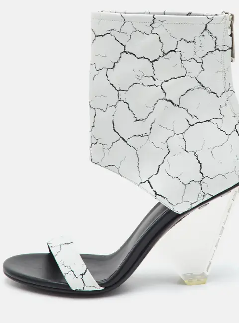 Balmain Size 37 White Carrara Marble Print Leather Open Toe Ankle Cuff Sandals