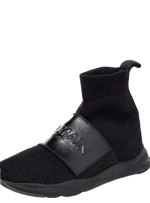 Balmain Black Leather And Knit Fabric Cameron High Top Sneakers Size 35