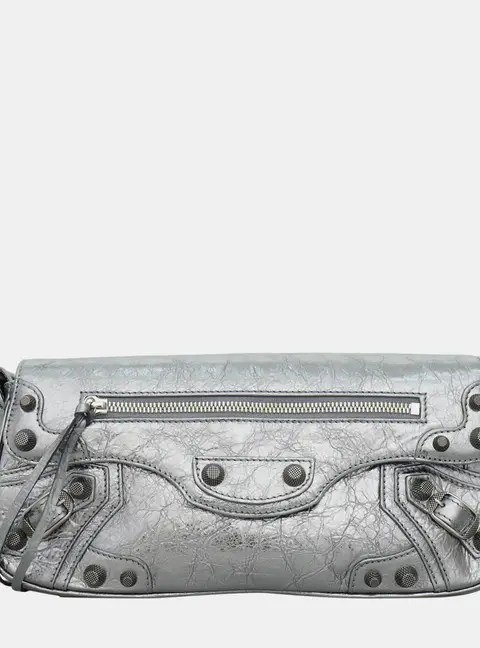 Balenciaga Le Cagole Sling Silver Crinkled Lambskin Leather Shoulder Bag