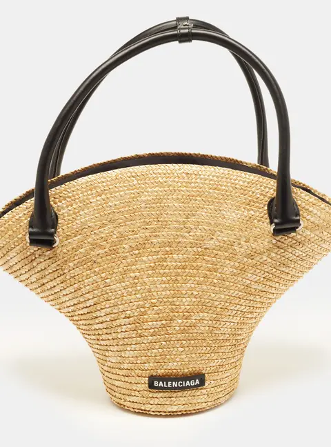 Balenciaga Basket Beach Black/Cream Leather and Raffia Tote