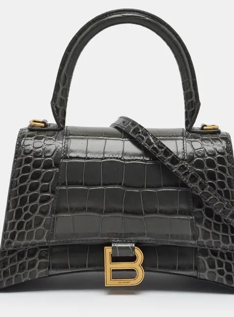 Balenciaga Hourglass Small Grey Shiny Croc Embossed Leather Top Handle Bag