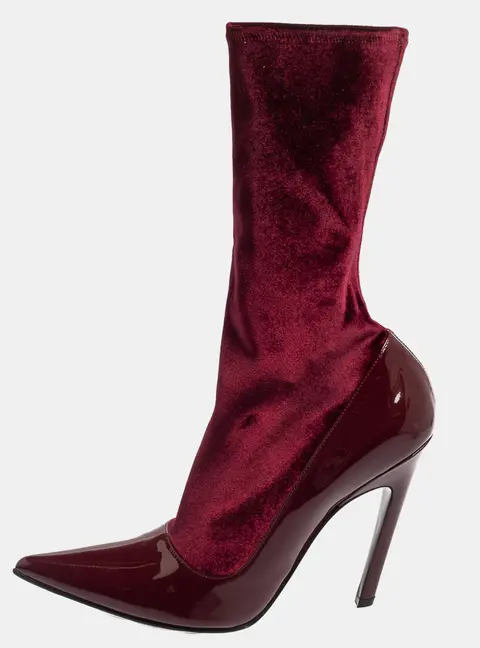 Balenciaga Burgundy Velvet And Patent Leather Knife Mid Calf Boots Size 39