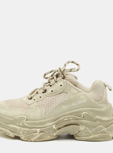 Balenciaga Beige Faux Leather and Mesh Faded Triple S Sneakers Size 38